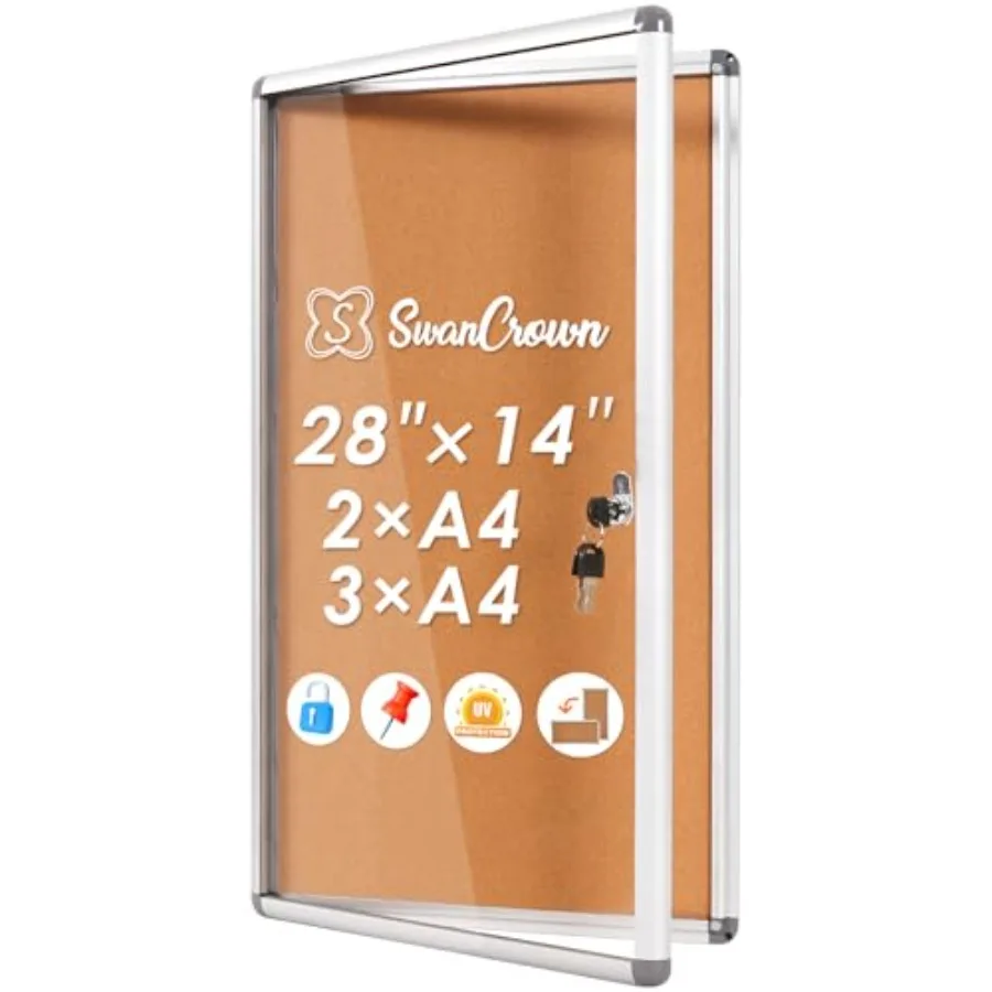 

Lockable Noticeboard Wall-Mounted Bulletin Pin Cork Boards Message Board with Aluminium Frame 28x14 inch