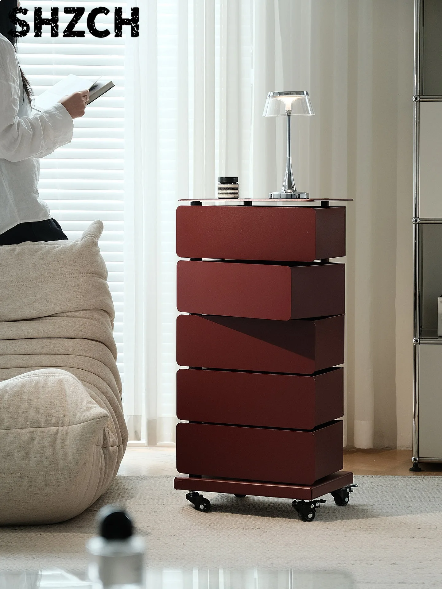 Kreativer, drehbarer, moderner, einfacher Nachttisch mit Stauraum und seitlichem Schrank