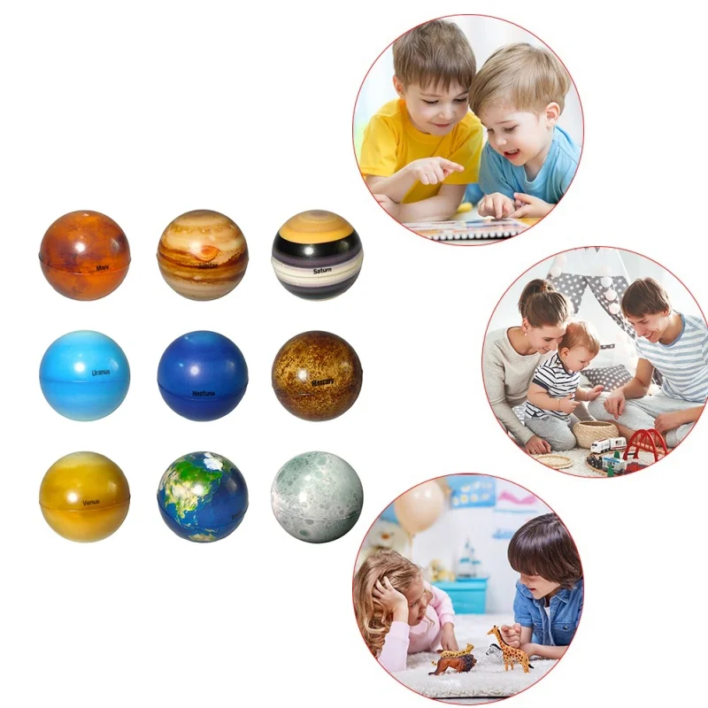 Bolas hinchables de planetas para niños, juguetes educativos para aliviar el estrés, material de enseñanza, esponja de estrella y Luna, impresión elástica, 9 piezas