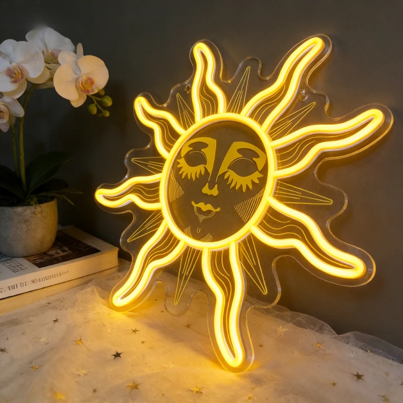 

Sun Face Neon Sign LED USB Rechargeable Night Light Aesthetic Wall Art Home Decor for Bedroom Living Room Boho Hippie Decor Gift