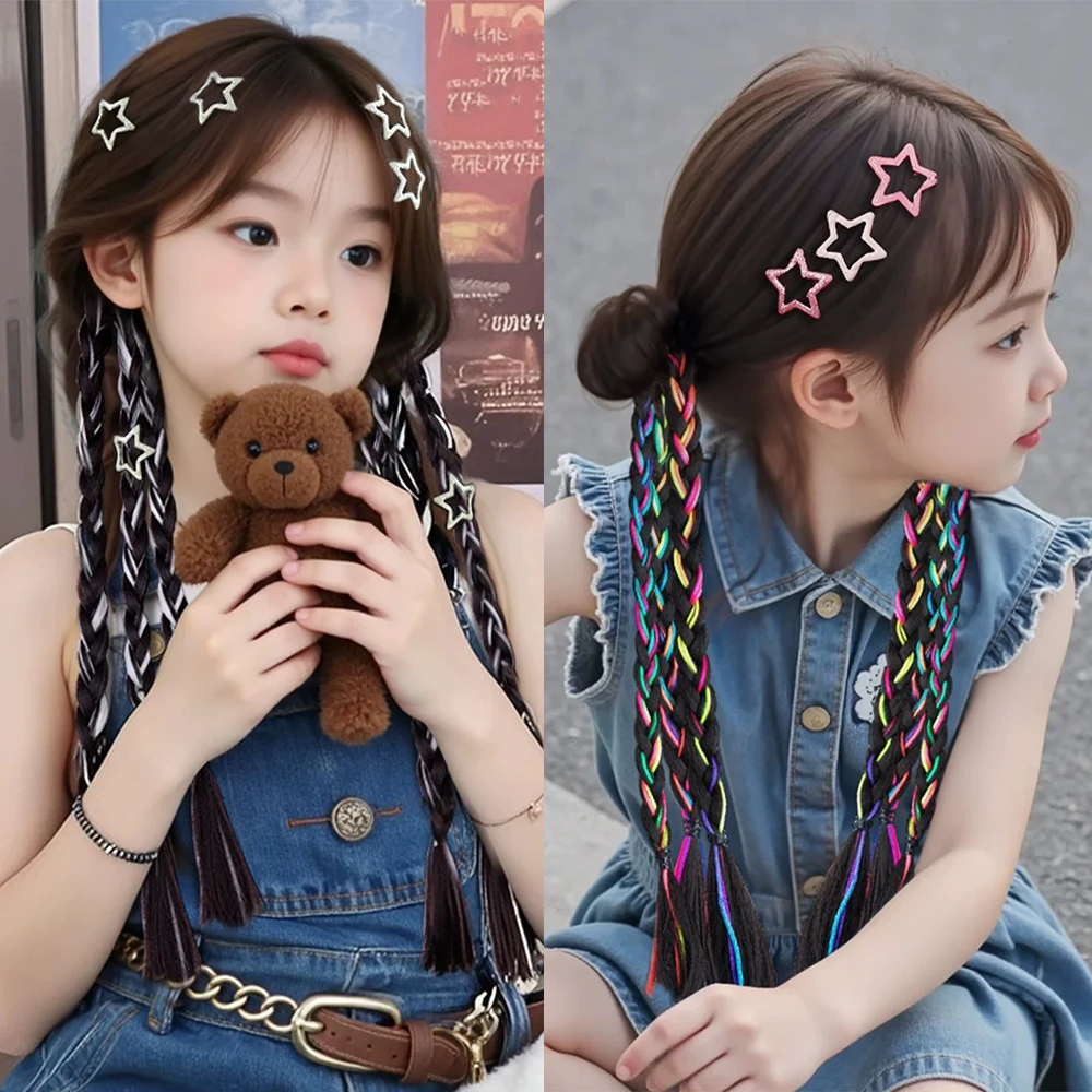 2PCS Colorful Bow Wig Braids Hair Rings Ponytail Sweet Cool Twist Long Braids Hair Tie For Girls Kid Women