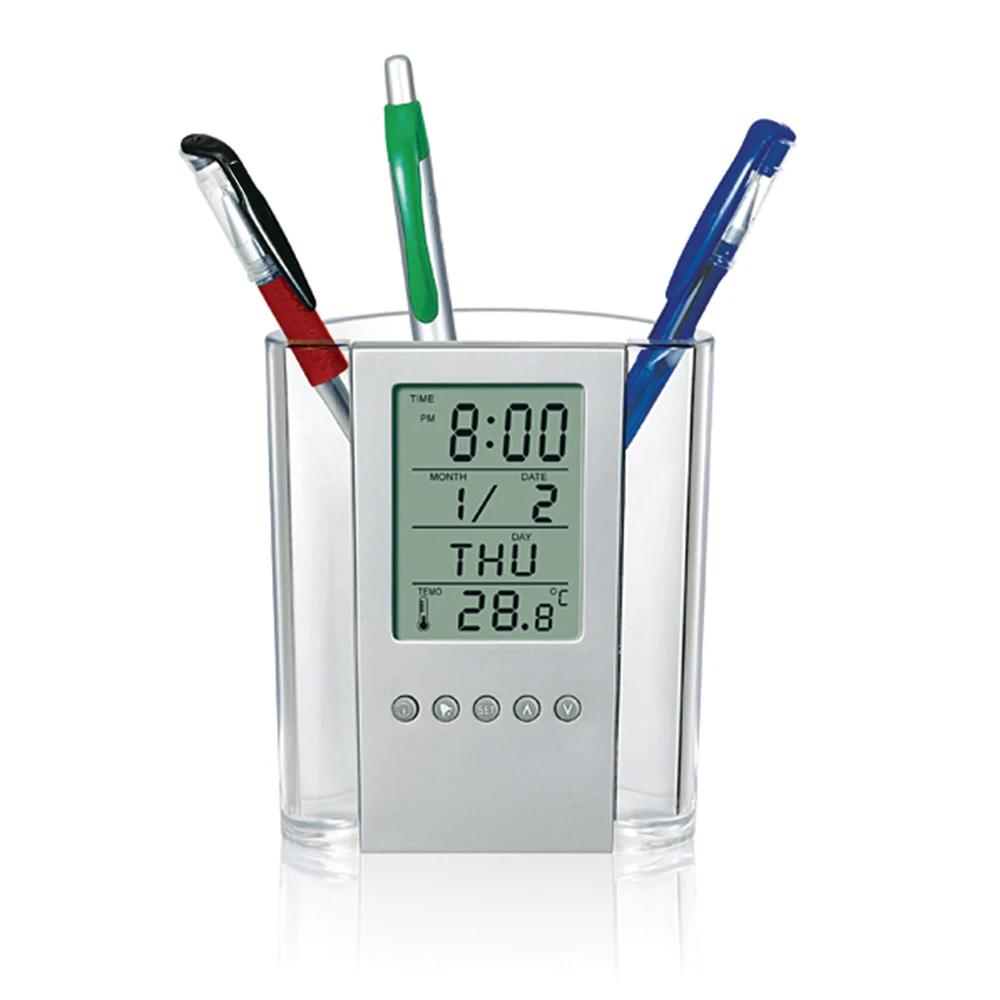 

Pen Pencil Holder Digital LCD Desk Alarm Clock Pen Holder Calendar Timer Temperature Desktop Electronic Clock Office