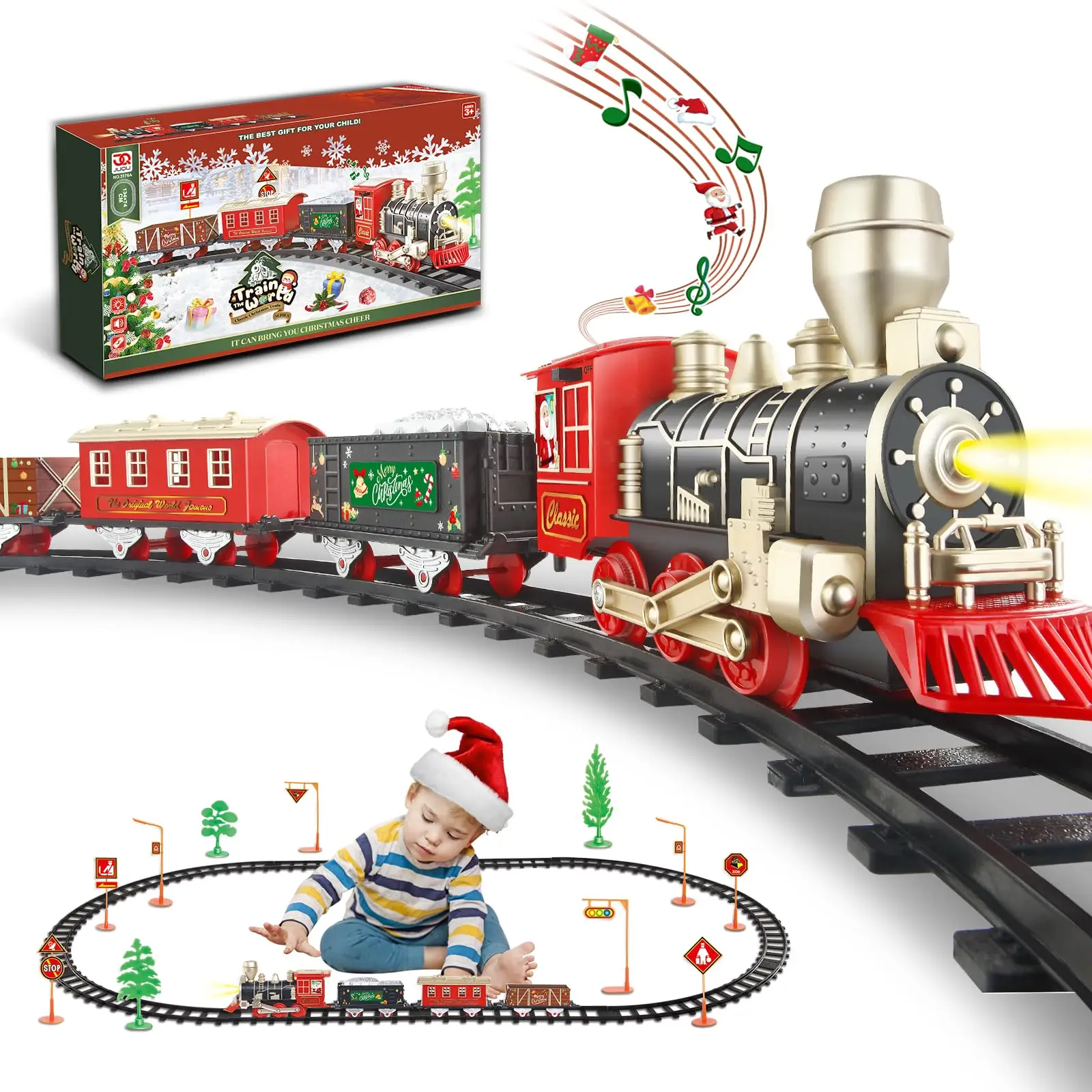 Train Set, Christmas Train Set for Around The Tree w/Lights & Xmas Sounds, Christmas Tree Train Toys, Electric Toy Train Set for