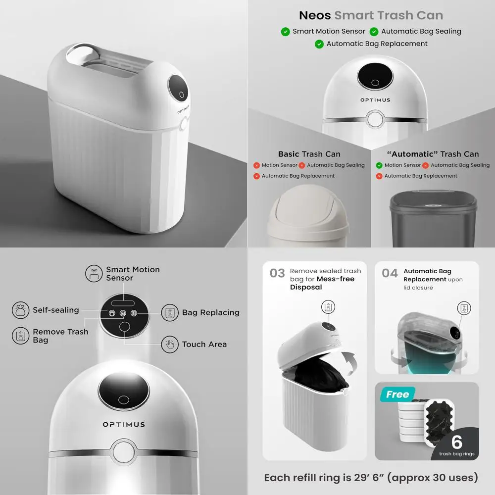 

Motion-Activated Trash Bin with 6 Self-Closing Liners, White