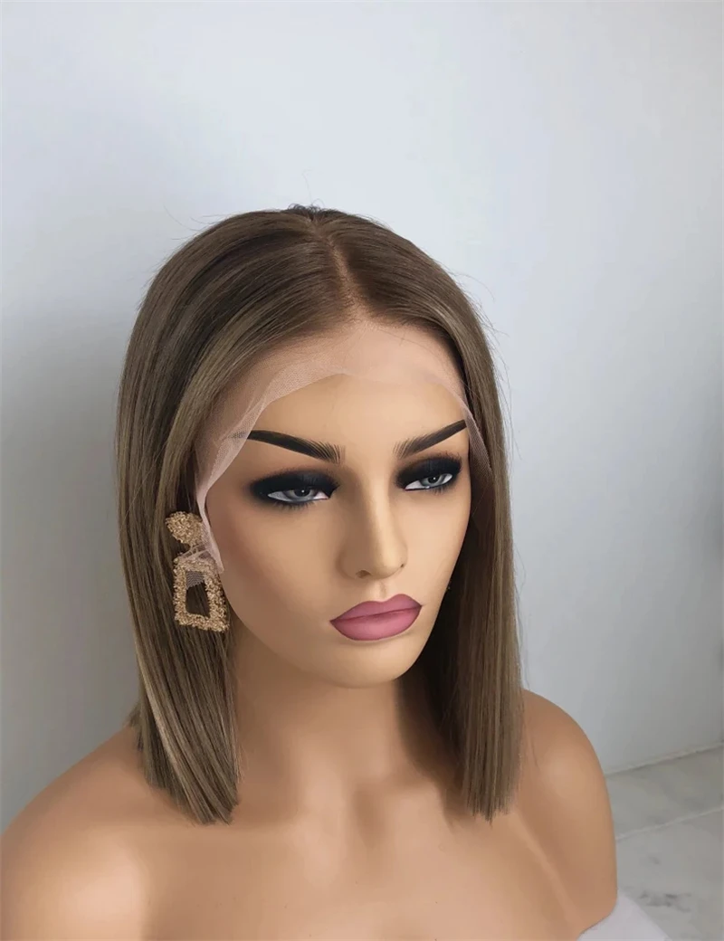 

Short Bob Ash Blonde Lace Frontal Wig 100% Human Hair Brown Highlight 13x4 Straight HD Lace Front Human Hair Wigs For Women