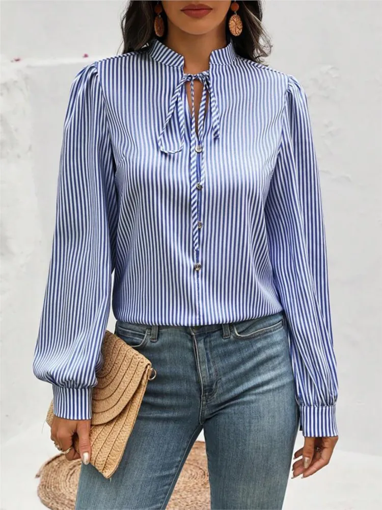 

Female Striped Shirt Top Fashion Long Sleeve V Neck Lace-Up Pullover Shirts Tops For Women Elegant Office Womens Clothing Spring