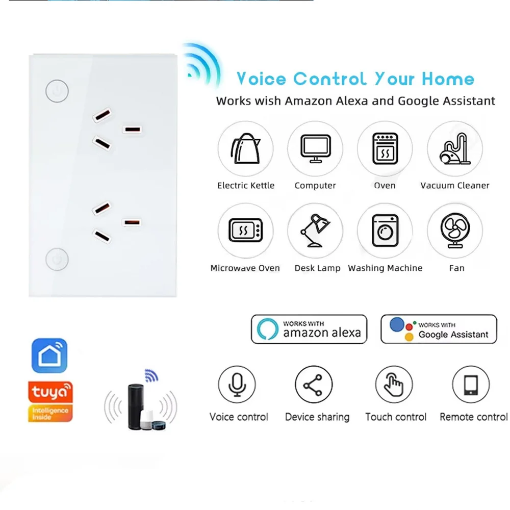 Zigbee Wi-Fi Matter AU Smart Wall Socket with Switch, Tempered Glass Panel Works with Alexa Google Home,Timer Control