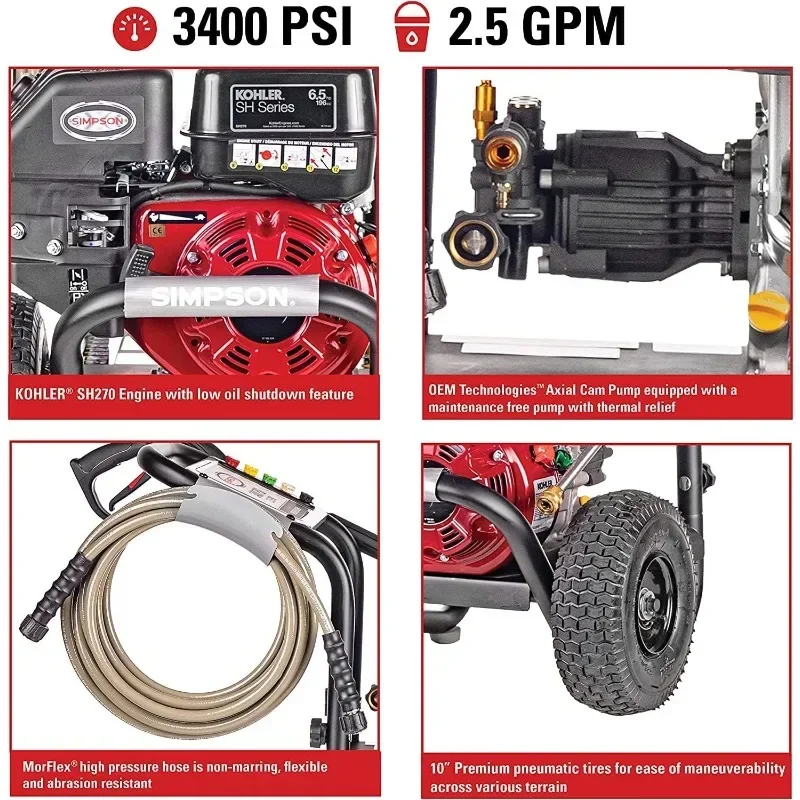 Simpson Cleaning MS61084-S MegaShot 3400 PSI Gas Pressure Washer, 2.5 GPM, Kohler SH270, Includes Spray Gun and Extension Wand,