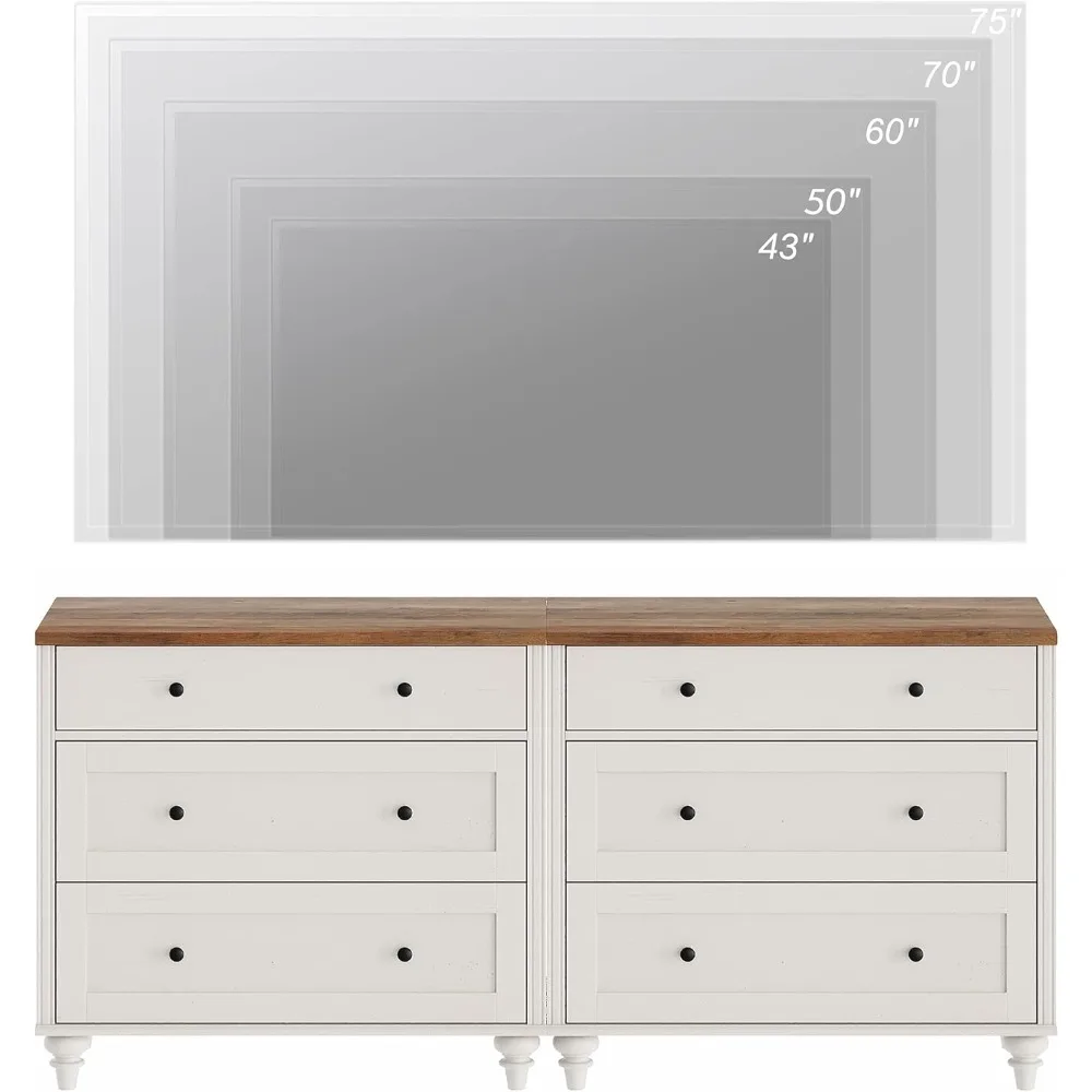 寝室用6段引き出し付きホワイトドレッサー、幅広引き出し付き木製ドレッサー、ミッドセンチュリーモダン木製クローゼット収納