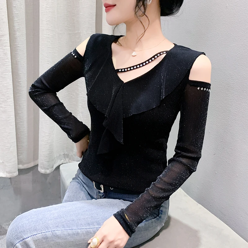 T-shirt Ele Long Sve V-Ne con perline da donna Summer Faion Street Sle Me under irt Top base con orlo in pizzo floreale