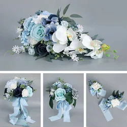 Boutonniere And Wrist Corsage Ice Blue Rose Bride Holding Flower Bridesmaid Bouquet Wedding Simulation Flower