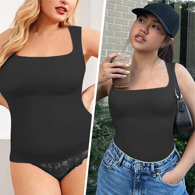 1/2 Stück Shapewear Bauchkontrolle Tank Top Kompressionstanks für Frauen Square Neck Nahtfreier Body Shaper Camisole Cami Tops – Detail 2