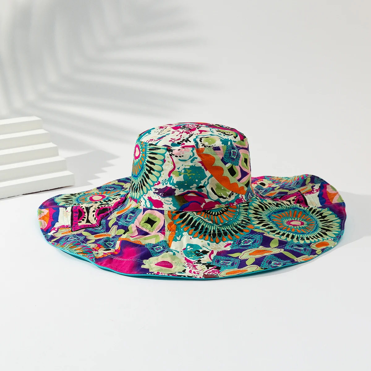 Trend full of colorful graffiti double-sided fisherman hat outdoor shade collapsible large brimmed sun hat suitable for beach va