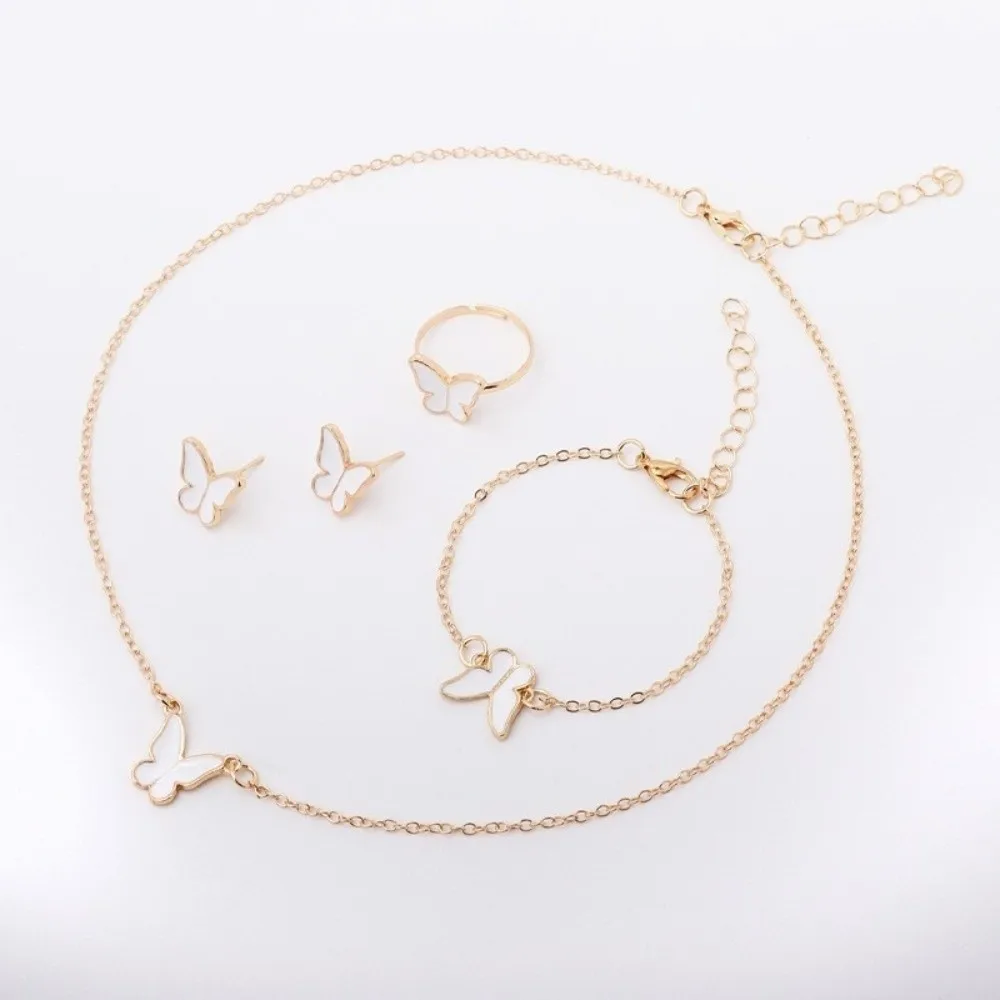 Elegance Style Butterfly Jewelry Set Minimalist Dripping Oil Heart Necklace Ring Set Creative Artistic Design