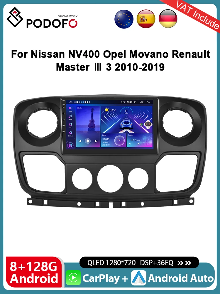 Podofo 4G CarPlay راديو أندرويد لنيسان NV400 أوبل موفانو رينو ماستر III 3 2010-2019 مشغل وسائط متعددة 2din FM نظام تحديد المواقع ستيريو