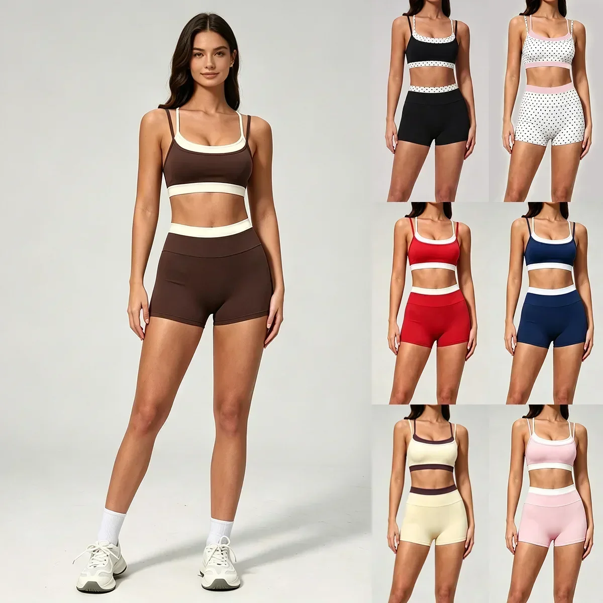Aliexpress Women's Yoga Set Two Piece Polka Dot Contrast Piping Padded Bra Adjustable Straps High Waist Booty Shorts for Gym Workout - Aliexpress Deal