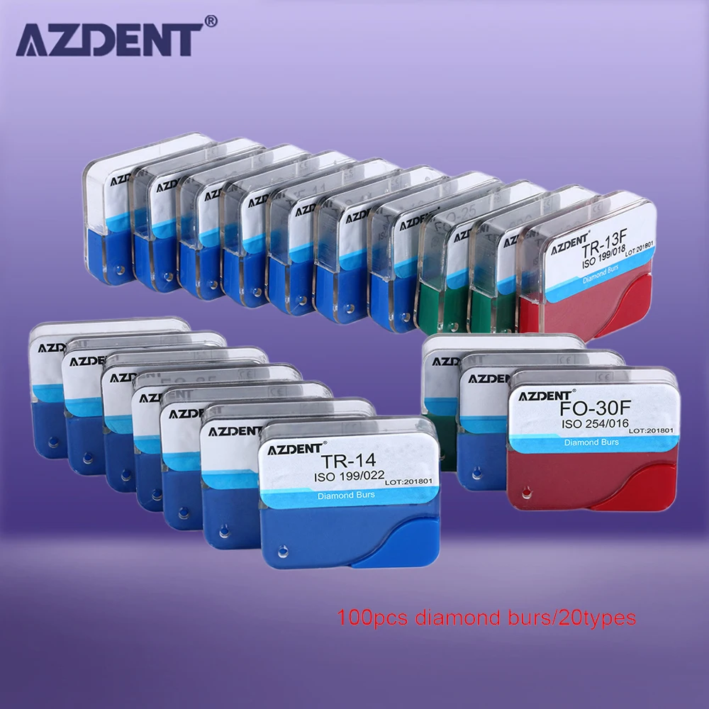 AZDENT 20 Boxes=100 Pcs/Pack Dental Diamond Burs Drill Dental Burs Dia-burs for High Speed Handpiecess Medium FG 1.6M Dentist
