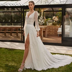 RODDRSYA Long Sleeve Wedding Dress for Bride Boho V Neck Chiffon A Line Bridal Dresses Split Woman Customized vestidos de novia