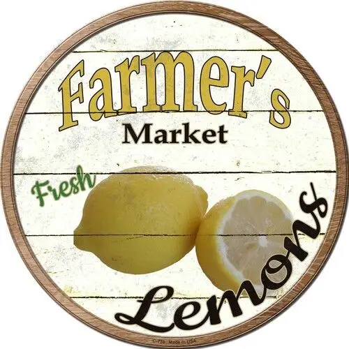 

Farmers Market Fresh Lemons 12" Round Metal Sign Rustic Retro Kitchen Wall Decor