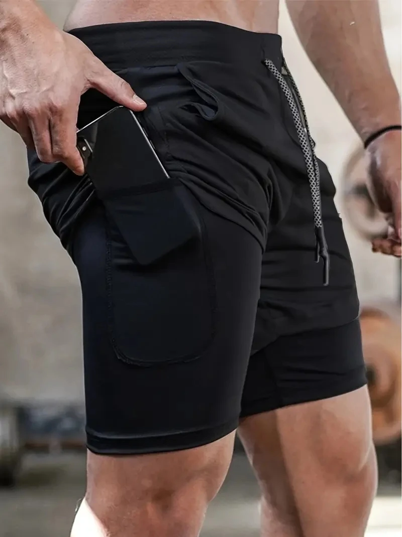 Men's Sport Pants with Runic Print Double Layer Design Built-in Mobile Phone Pocket Towel Hook Fitness Ideal Short Pants