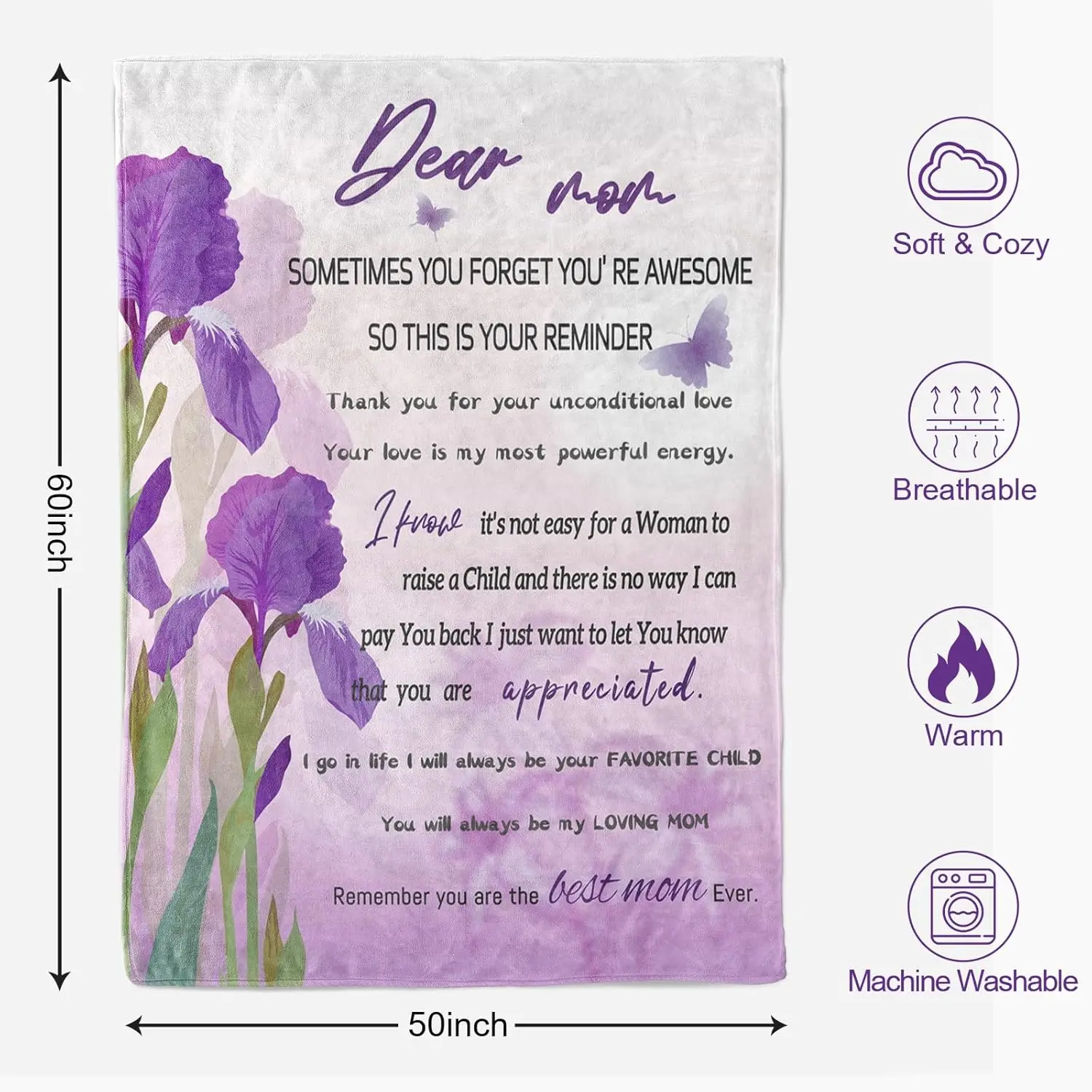 Mothers Day Birthday Gifts for Mom from Daughter Son Dear Mom Blanket with Purple Floral Warm Letter Presents for Mom, Soft Cozy