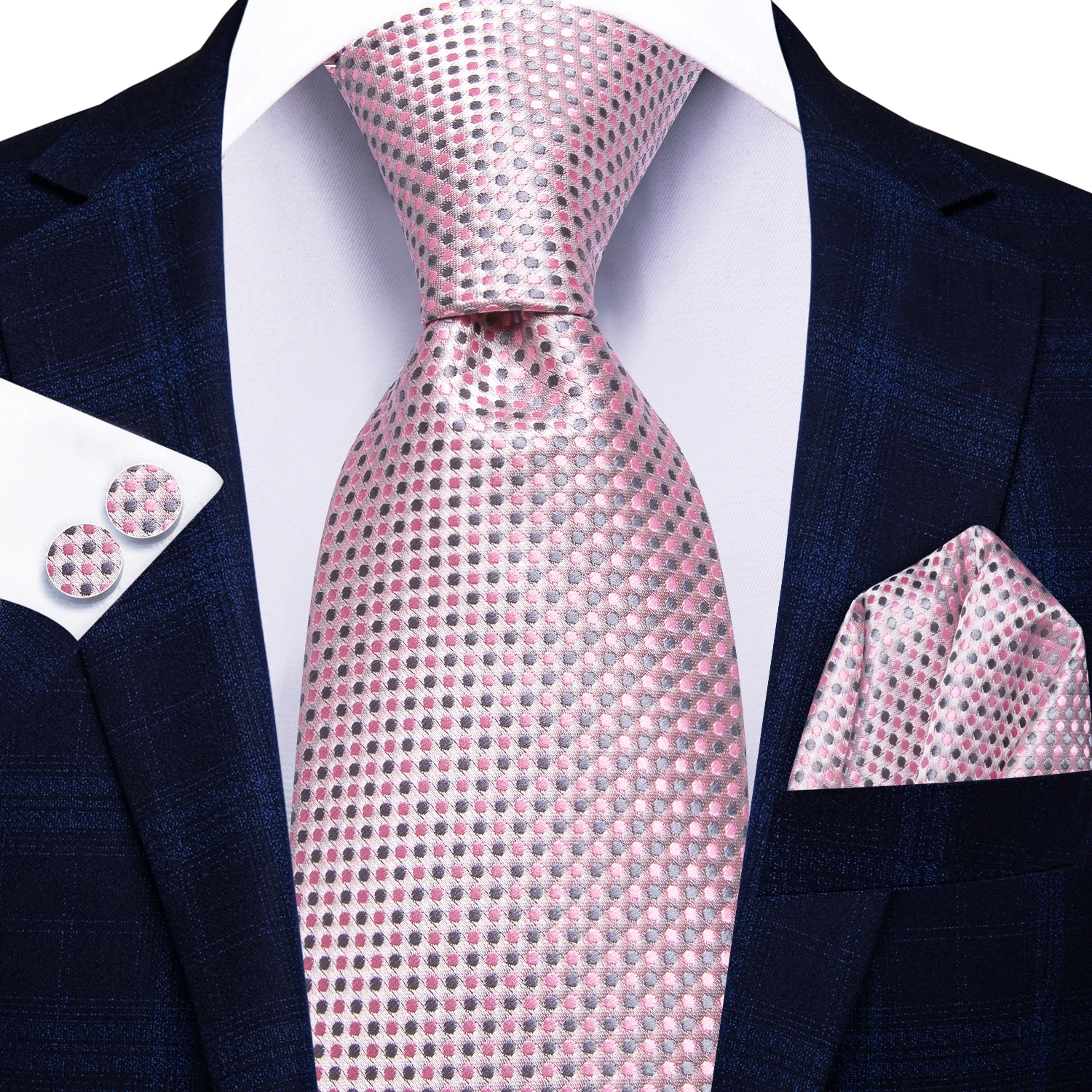 Hi-Tie Pink Grey Polka Dots Business Mens Tie 8.5cm Jacquard Necktie Accessorie Daily Wear Cravat Wedding Party Hanky Cufflink