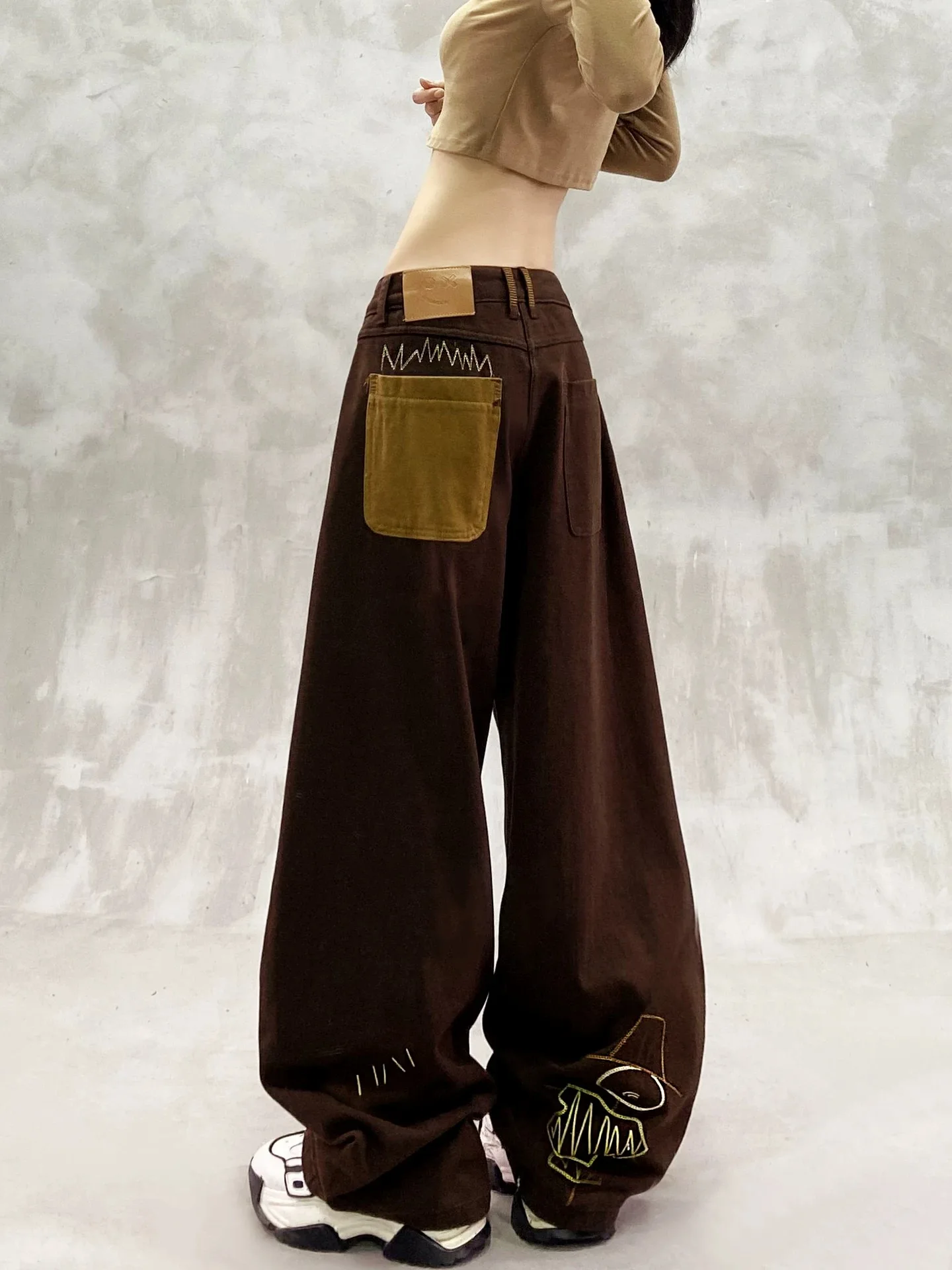 Y2K جينز منحني للنساء بجيب عالي الخصر وفضفاض مستقيم ومتعدد الاستخدامات للشتاء