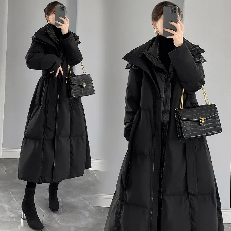 Winter New Fashion Women 90% White Duck Down Coat Hooded Slim Fit Thickened Long Down Coat High End European Women Warm Coat