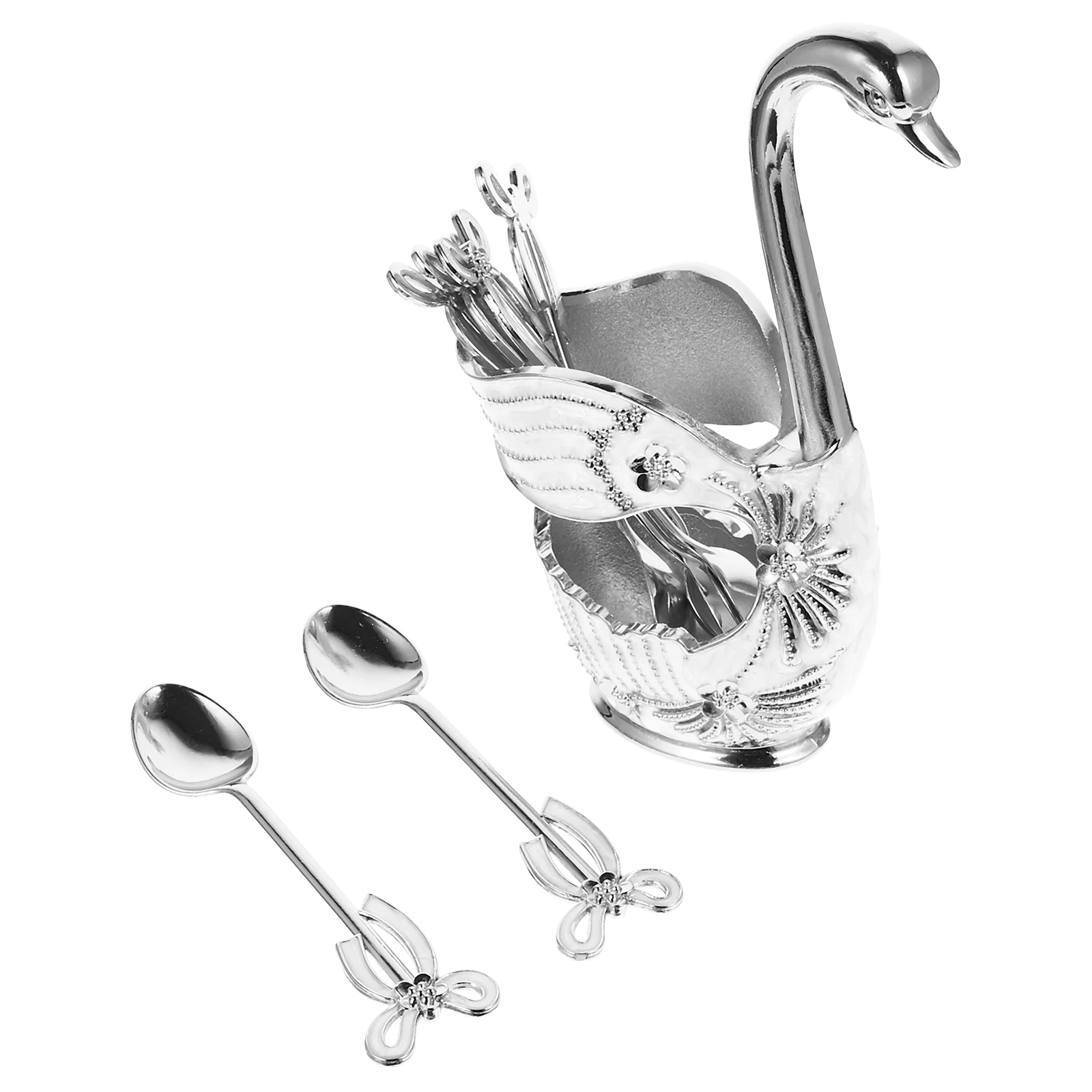

Exquisite Metal Swan Fork Spoon Set Coffee Scoop Dessert Organizer Holder Milk Mixing Spoons Kitchen Gadgets Ice Cream Silver