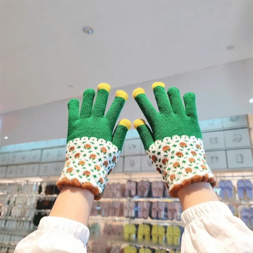 لطيف ملون زهرة نمط قفازات نسائية سميكة تقليد الكشمير قفازات دافئة يندبروف قفازات شاشة لمس الطلاب