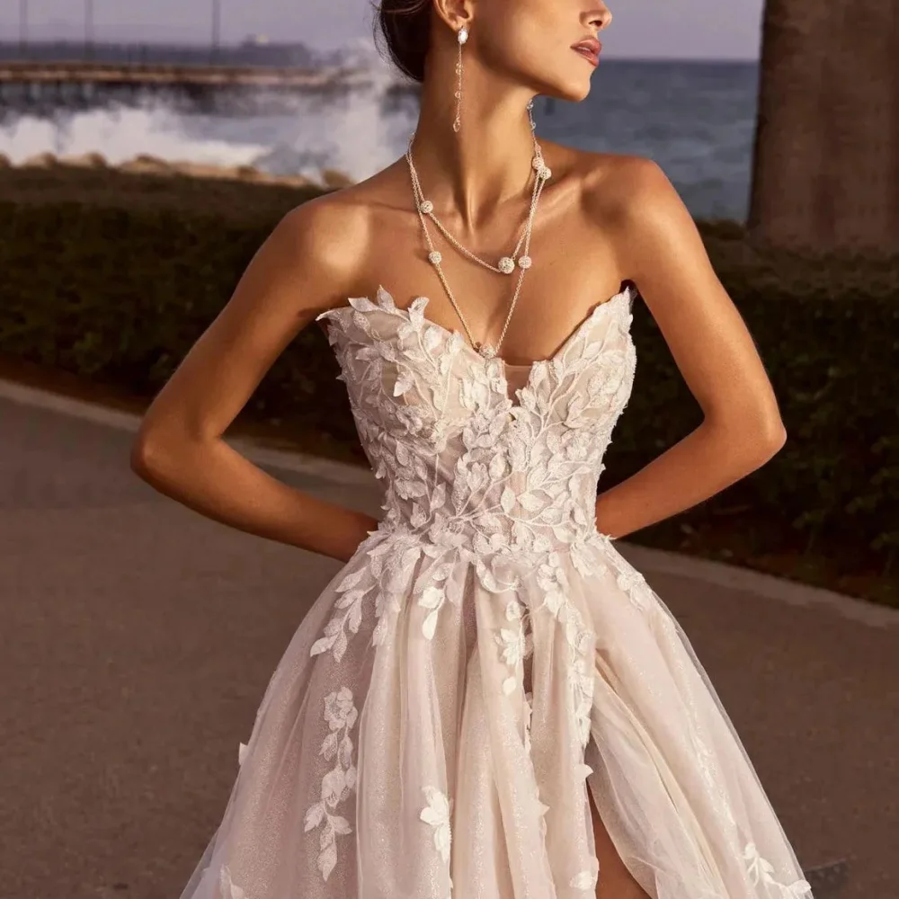 فساتين زفاف بوهو بفتحة عالية فستان عروس مخصص على شكل حرف A فاخر مزين بفساتين زفاف بدون ظهر فيستدوس دي نوفيا