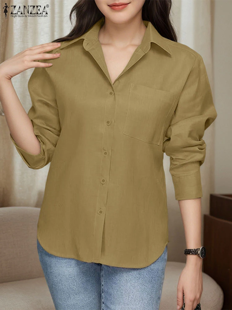 ZANZEA 2025 осенние рубашки женские туники однотонные модные повседневные топы с воротником с лацканами оверсайз летние рукава 3/4 пуговицы Blusas новинка