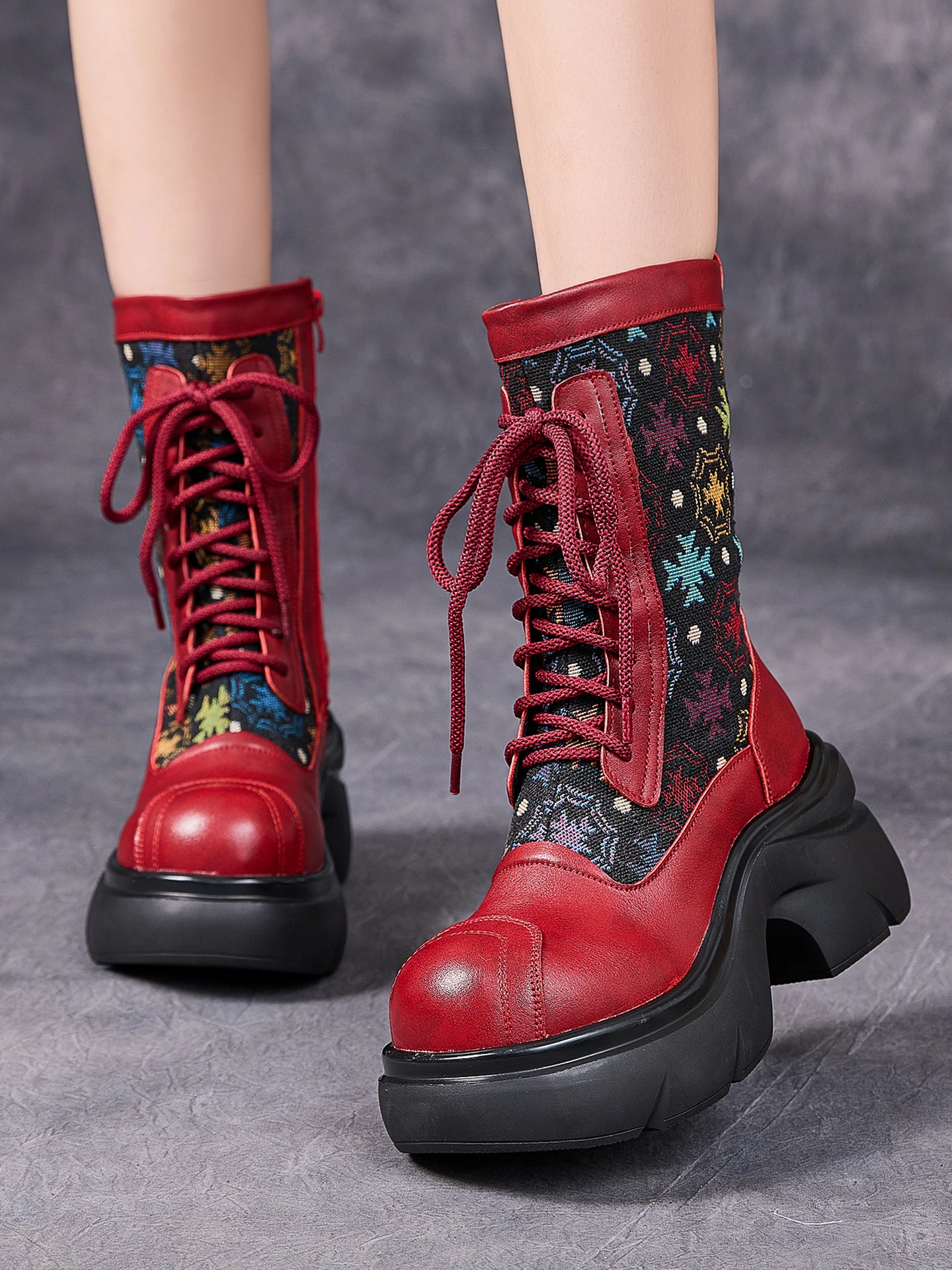 

Birkuir Thick Heel Long Boots Wedges Winter Plush Snow Boots Mixed Colors Women Zip 7cm Genuine Leather High Heel Lace Up Boots