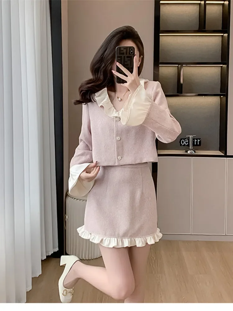 Autumn Pink Two Piece Set Women Sweet Ruffle V-neck Trumpet Sleeves Chic Top+A-line Skirt Set's Lady Elegant Fashion Outfits