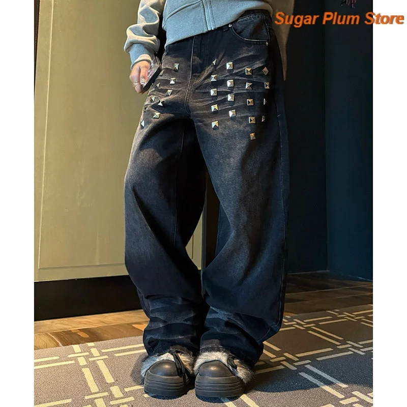 American retro washed square rivet wide-leg jeans women's casual and comfortable mopping pants in spring and autumn trend pants