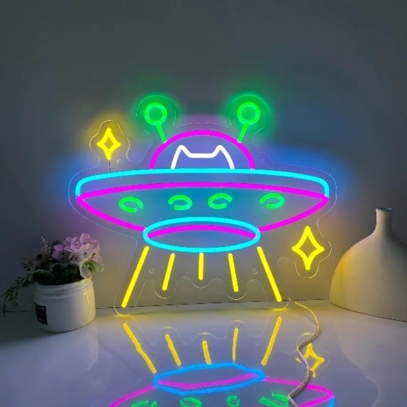 

Неоновые светильники UFOLED, настенный декор в виде мультяшного кота, декор для игровой комнаты, неоновые светильники с регулируемой яркостью, украшение для спальни в виде летающей тарелки, подарок на день рождения