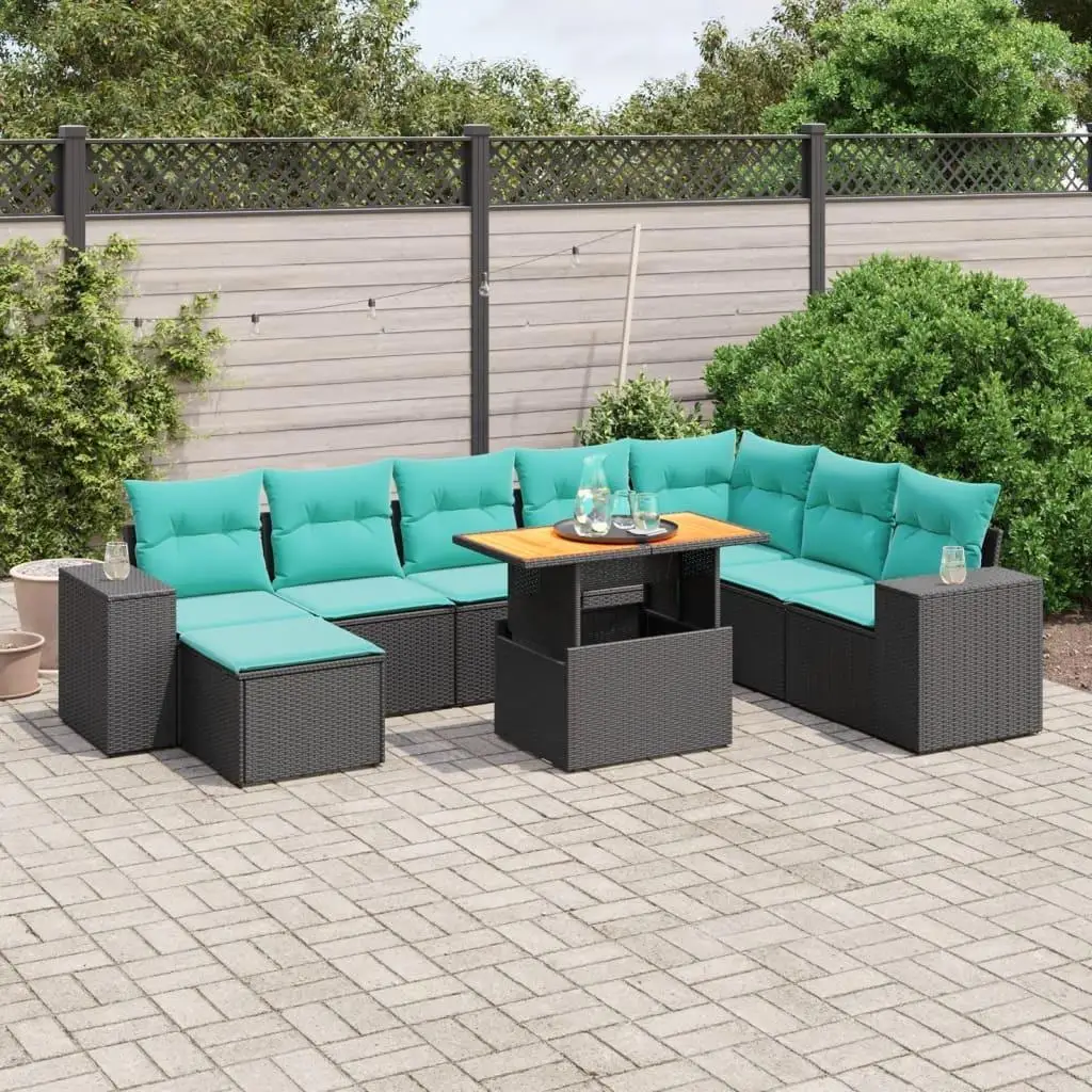 

Comfortable 9 Piece Outdoor Patio Sofa Set with Cushions Black Poly Rattan Furniture Garden Lounge