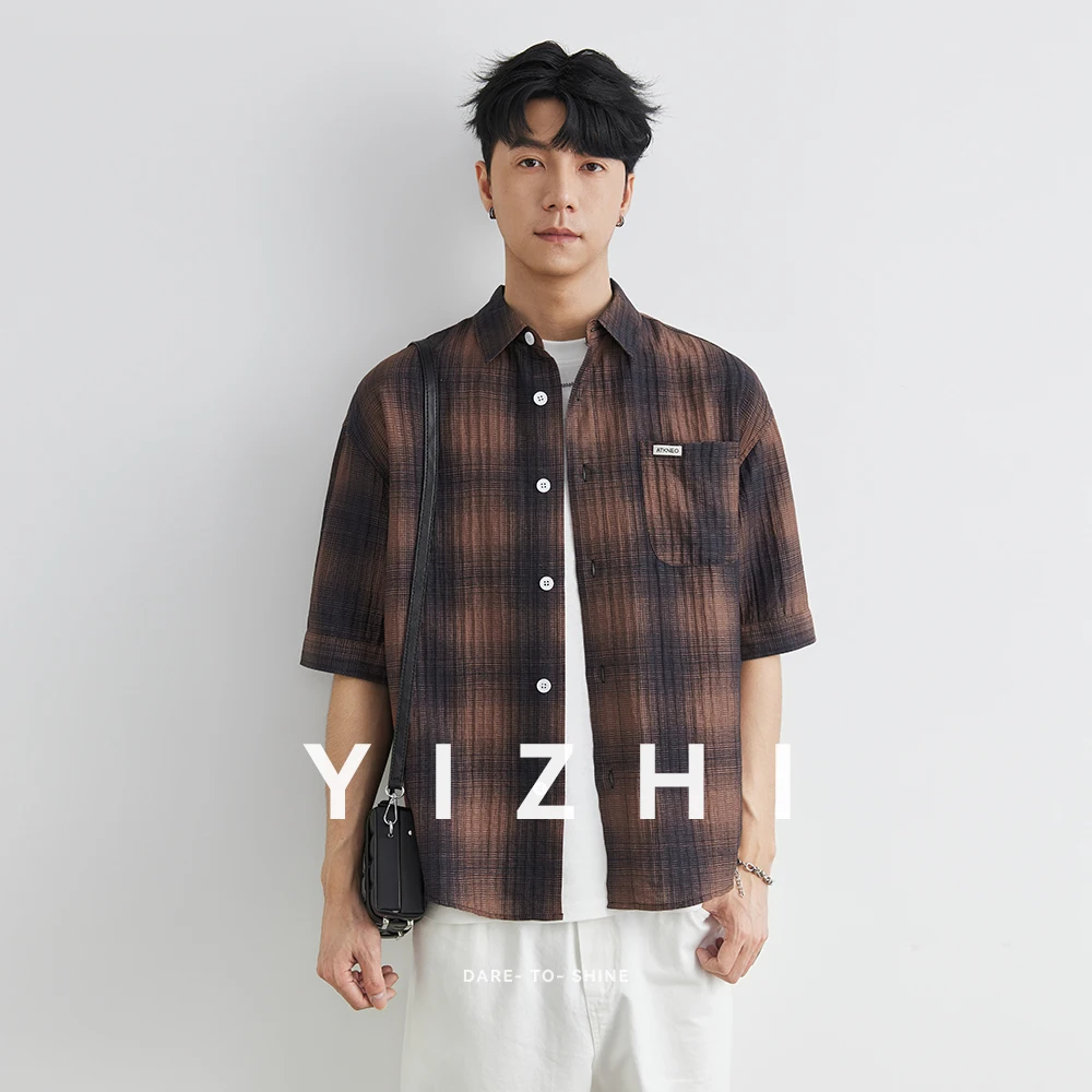 Summer Men's Letter Embroidery Plaid Short Sleeve T-shirt Pocket Chicano Street Trend Single Breasted Lapel Half Sleeve Shirt