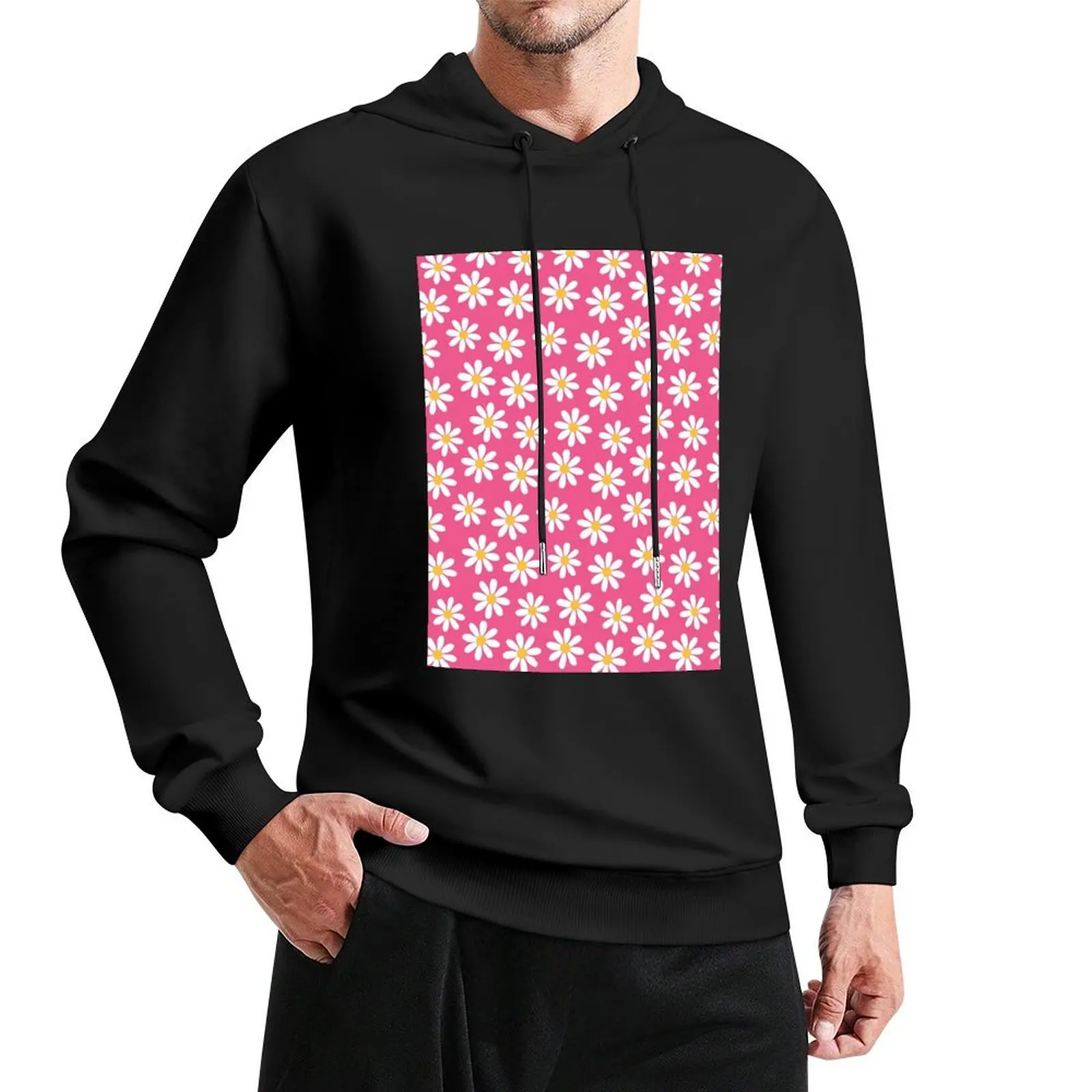 White Daisies on Pink Seamless Pattern Print Pullover Hoodie men's autumn clothes men clothes mens hoodie