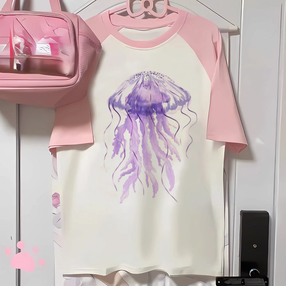 Jellyfish Tee women funny crew neck youthful t shirt girl Japanese manga y2k clothes