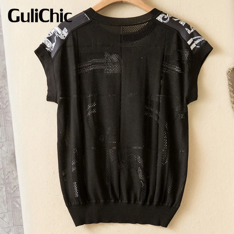 4.26 GuliChic Geometric Pattern Print Tees Women Crew Neck Raglan Short Sleeve 100% Silk Spliced Knit Hollow Out Design T-Shirt