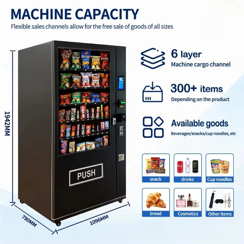 Factory OEM Coin Cash Payment Sticker Vending Machine Automatic Combo Vending Machine for Foods and Drinks