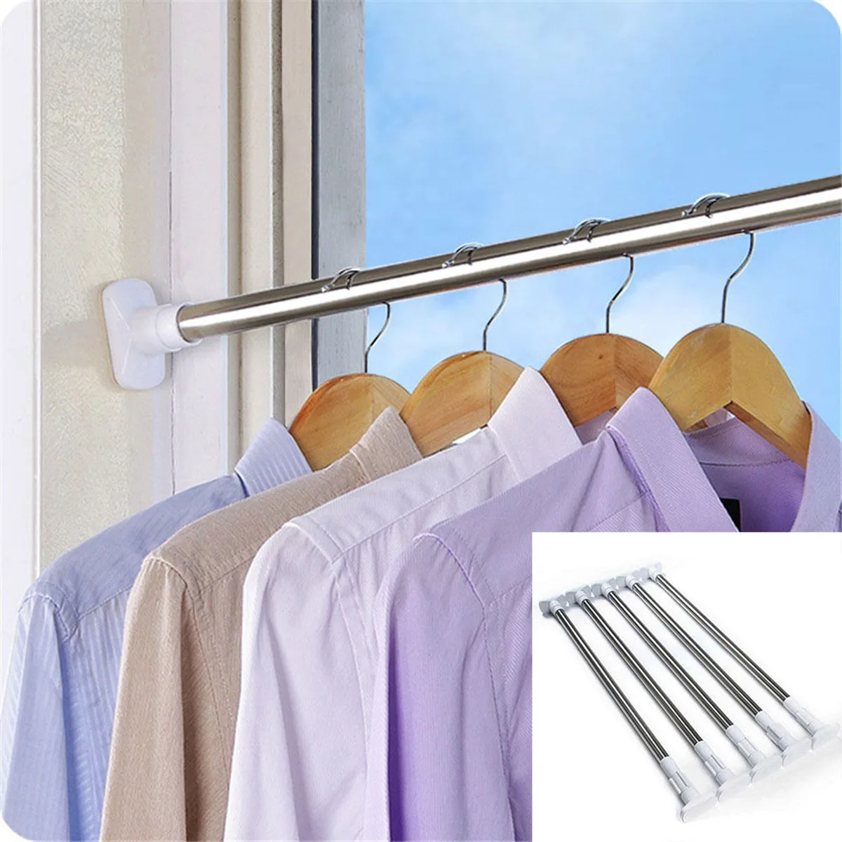 2pcs Stainless Steel Adjustable Retractable Curtain Rod Multi-Function Wall Mounted No Punch Needed Home Office Hospital Use