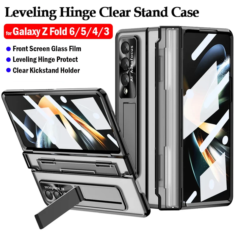 Leveling Hinge Capa for Samsung Galaxy Z Fold 4 Fold 3 4 5 6 Case Transparent Plating Stand Cover Funda with Front Screen Glass