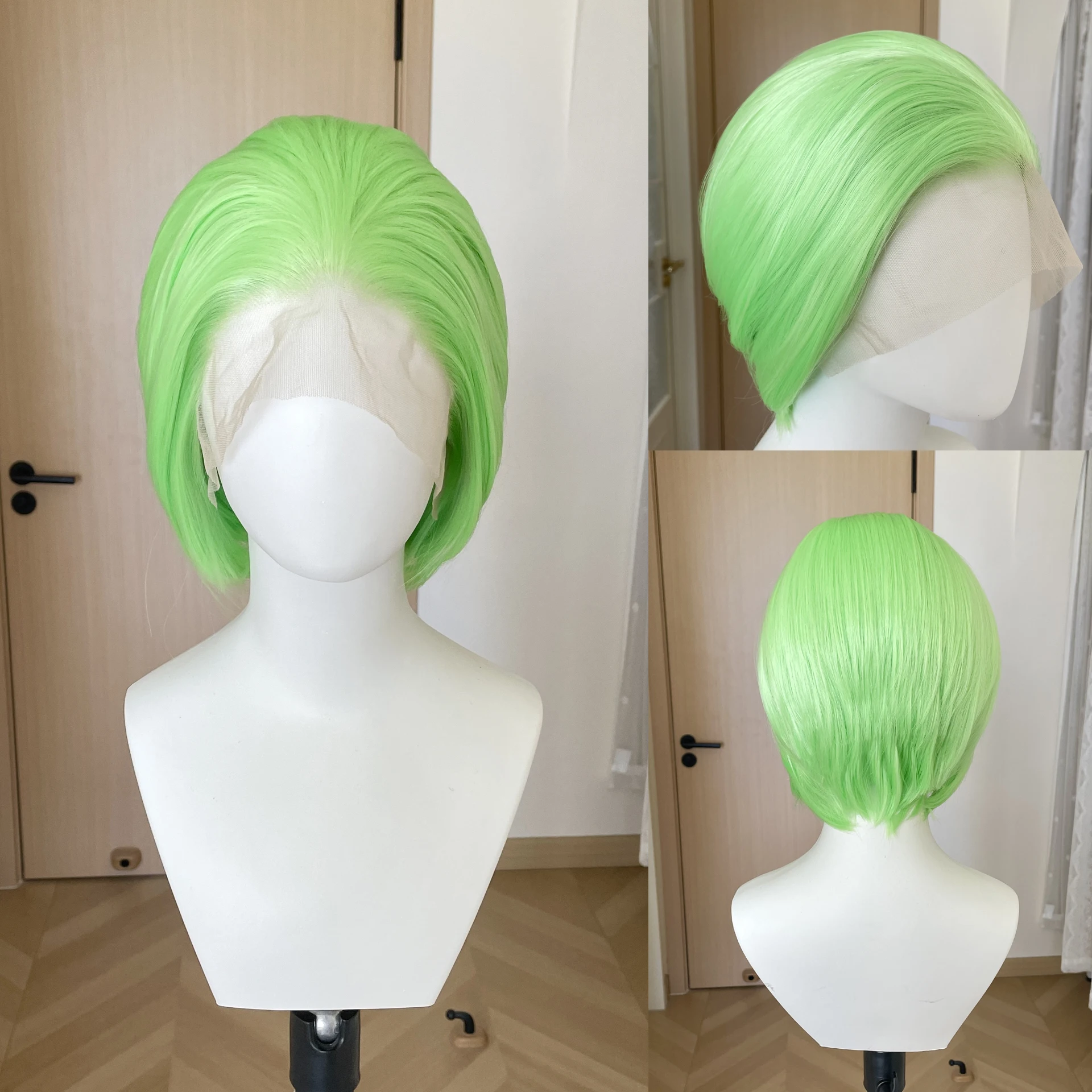 ライトグリーンのショートボブカットウィッグ、女性用コスプレ合成毛13x4レースフロントウィッグ、男性用接着剤不要耐熱フリーパート150