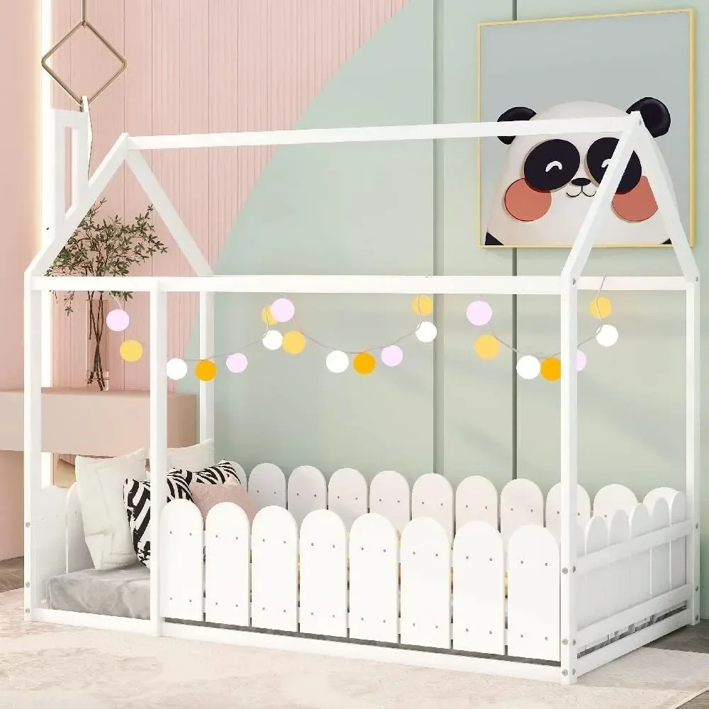 

Children's Bed Frame, Twin Size with Roof and Fence, Easy Assembly, Children's Bed Frame