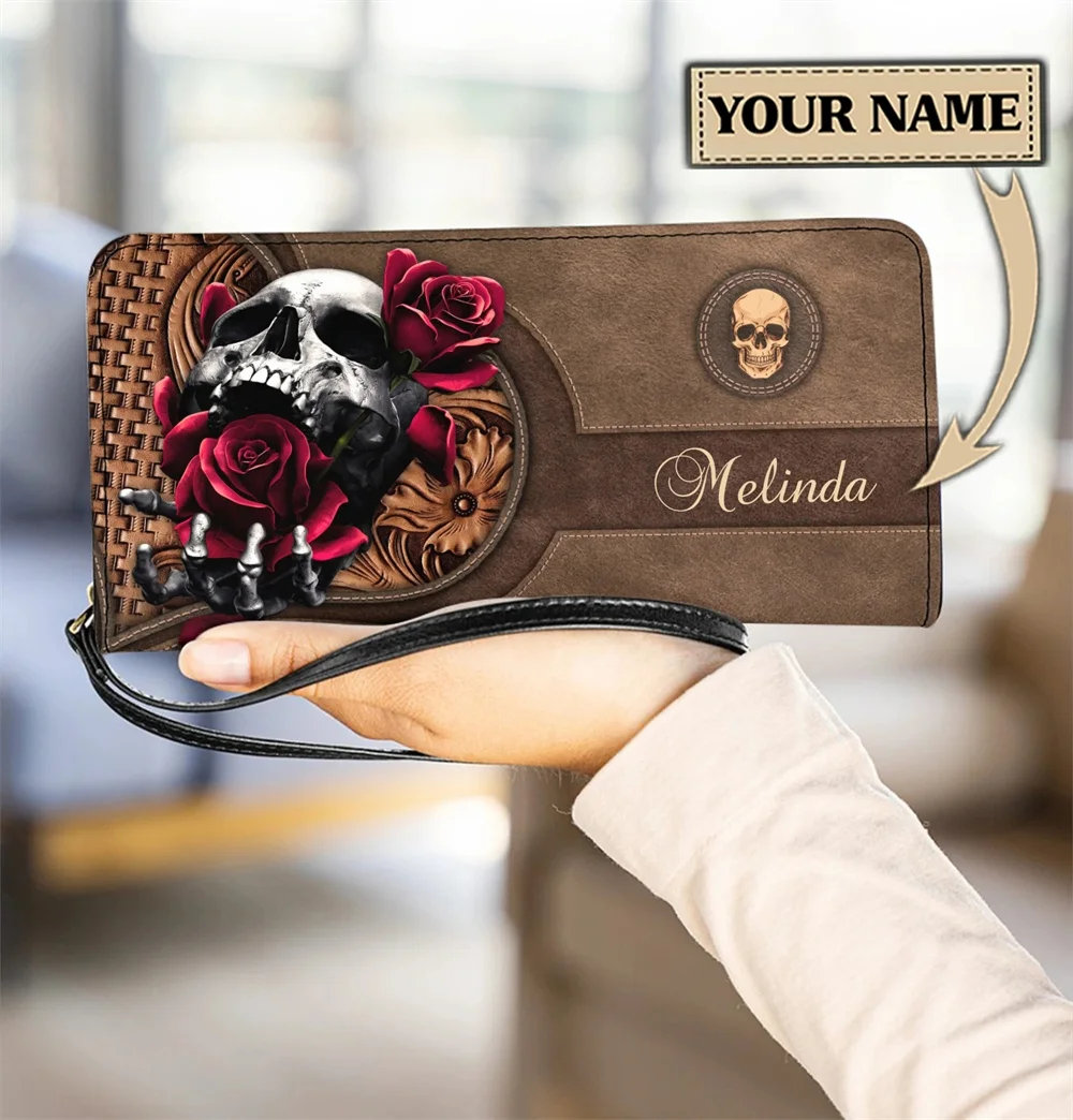 Gothic Skeleton Skull Printing Fashion Women Leather Wallet Designer Luxury Wristlet Clutch Purse Lightweight Card Holder Pouch