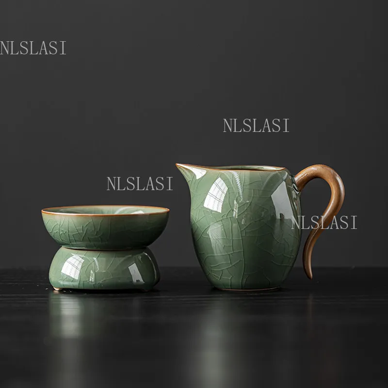 Ge Kiln Crackle Glaze Ceramic Fair Cup With Tea Strainer Set Vintage Green Porcelain Tea Filter For Kung Fu Tea Ceremony