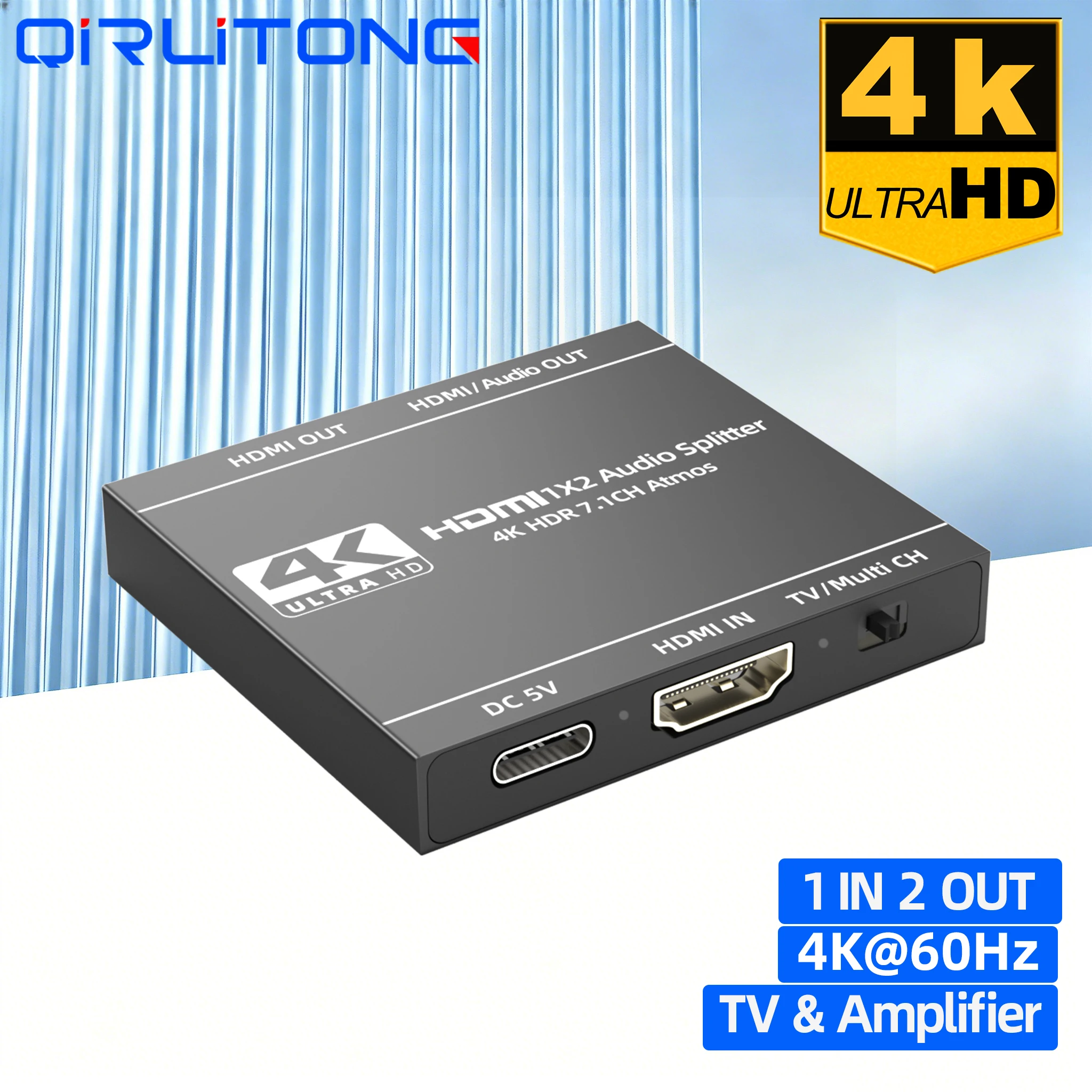 QiRT 4K HDMI Splitter 1 Input 2 Outputs Adapter HDMI Audio Extractor 1x2 Dual Monitor 1 to 2 Amplifier for HDTV DVD PS4 Xbox