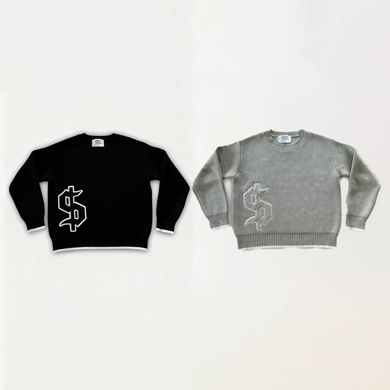 

White Dollar Sign Embroidery Casual Autumn Winter Crew Neck Long Sleeves Sweater Y2K Men Women Fashion High Quality Streetwear